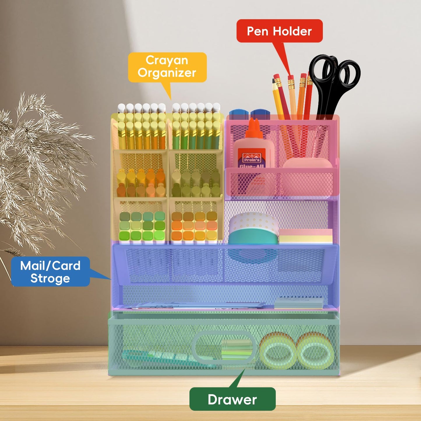 ReePlan Mesh Pen Organizer for Desk, 13 Compartments with Drawer， Purple