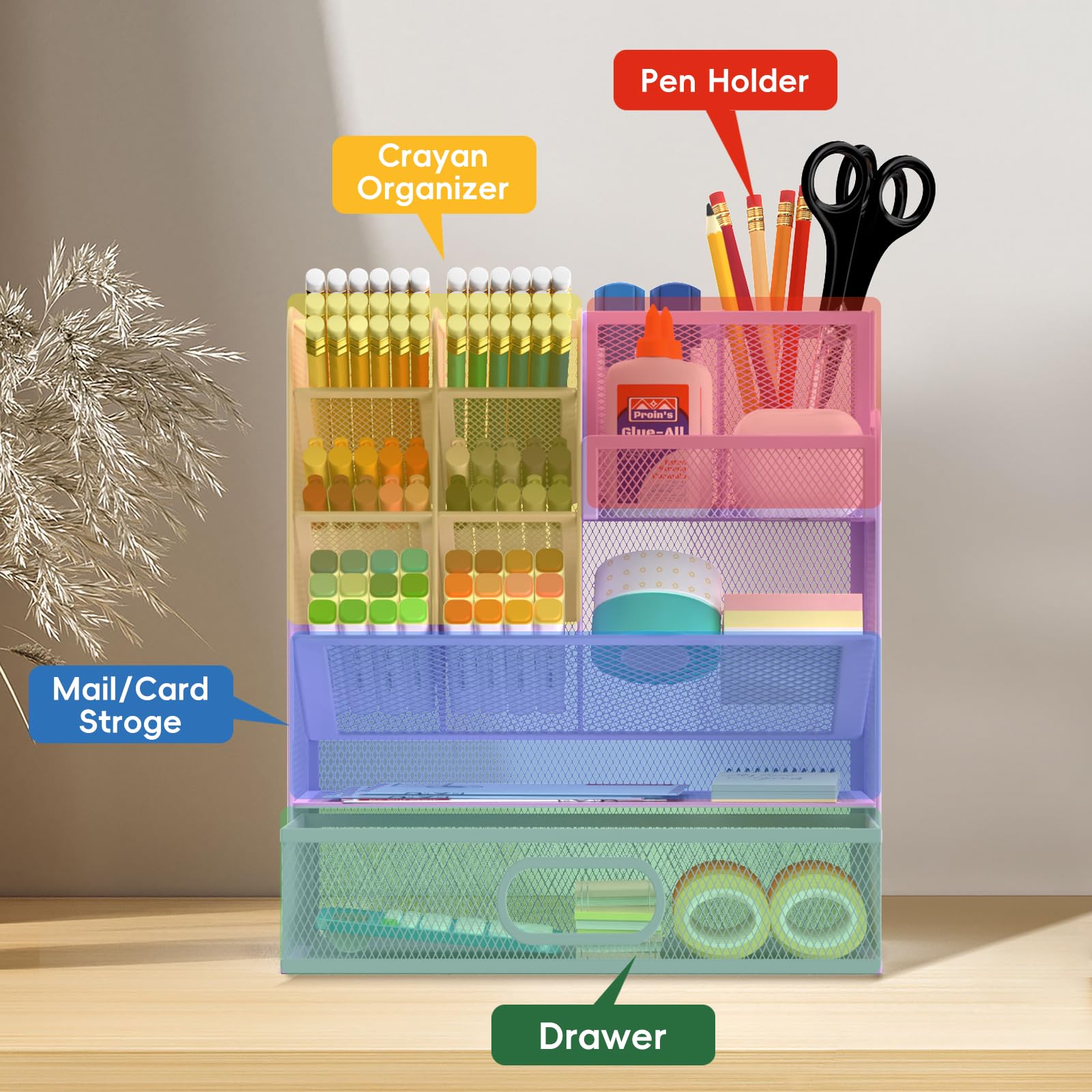 ReePlan Mesh Pen Organizer for Desk, 13 Compartments with Drawer， Purple