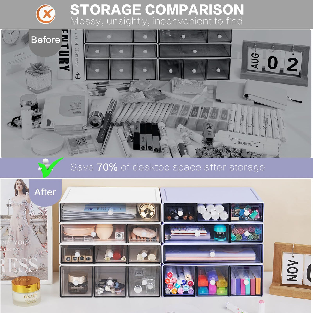 FODIENS Desk Storage Organizer with 9 Drawers, 4 Tiers Stackable Desktop Craft Storage Drawers