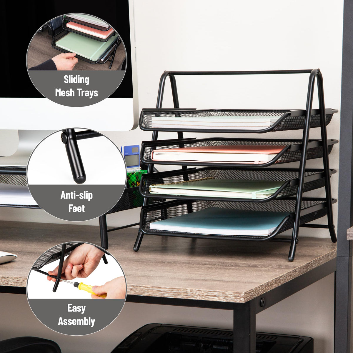 Mind Reader 4-Tier Paper Tray, Desktop Organizer, File Storage, Workspace, Office, Metal Mesh, 12"L