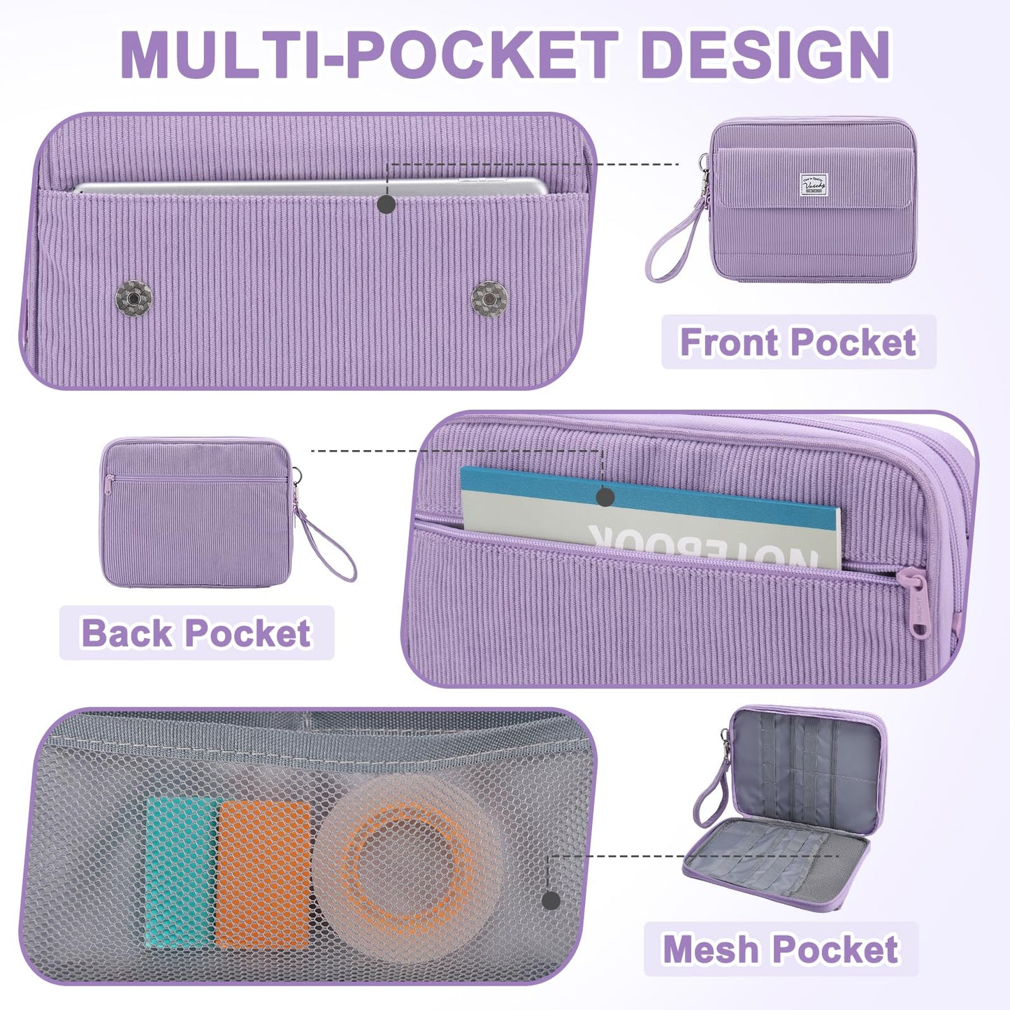 VASCHY Colored Pencil Case, Corduroy Large Pencil Pouch for Art Pens Markers Gel Pens Big Holder