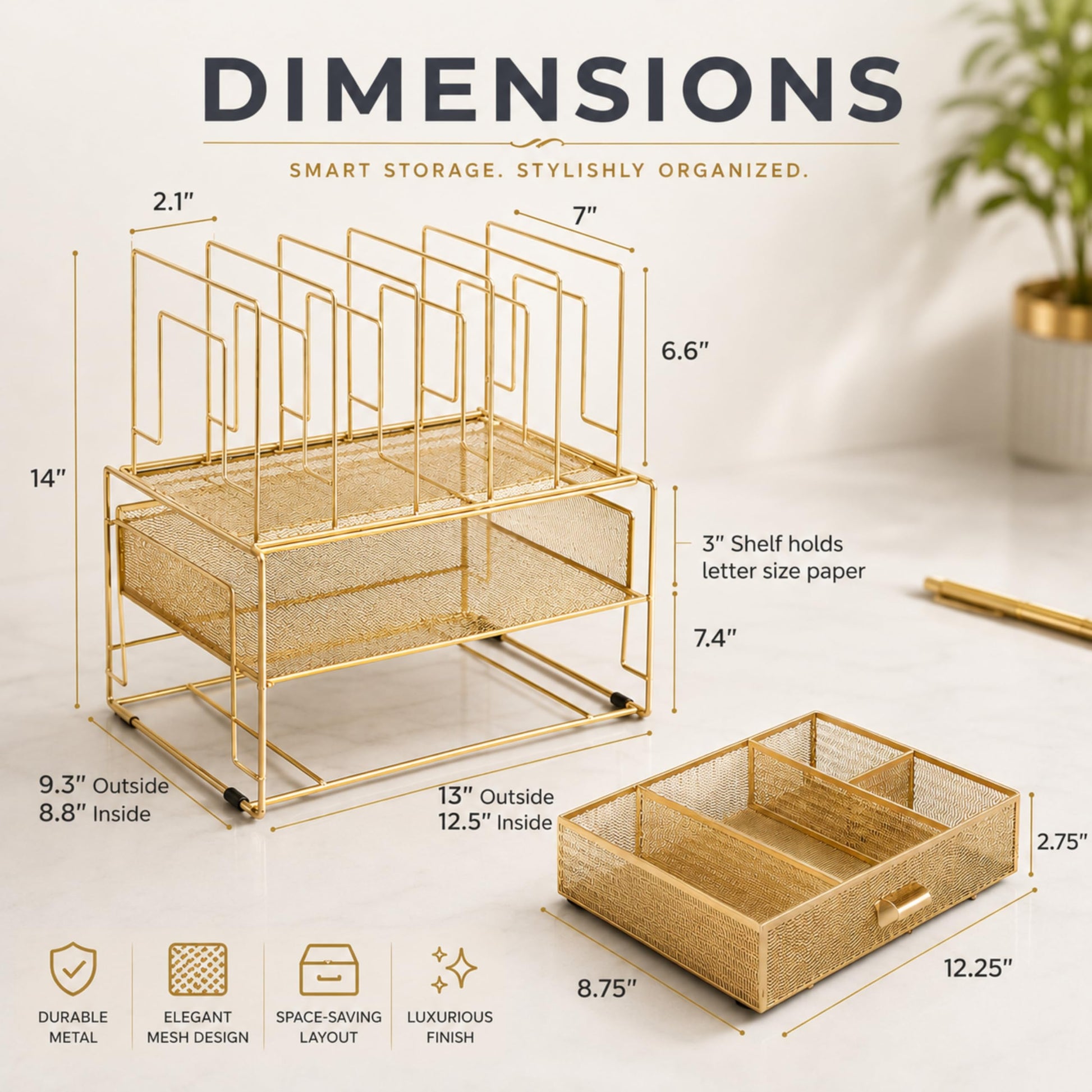 BLU MONACO | Gold Desk Organizer With Drawer | Metal Mesh File Holder & Vertical File Organizer |