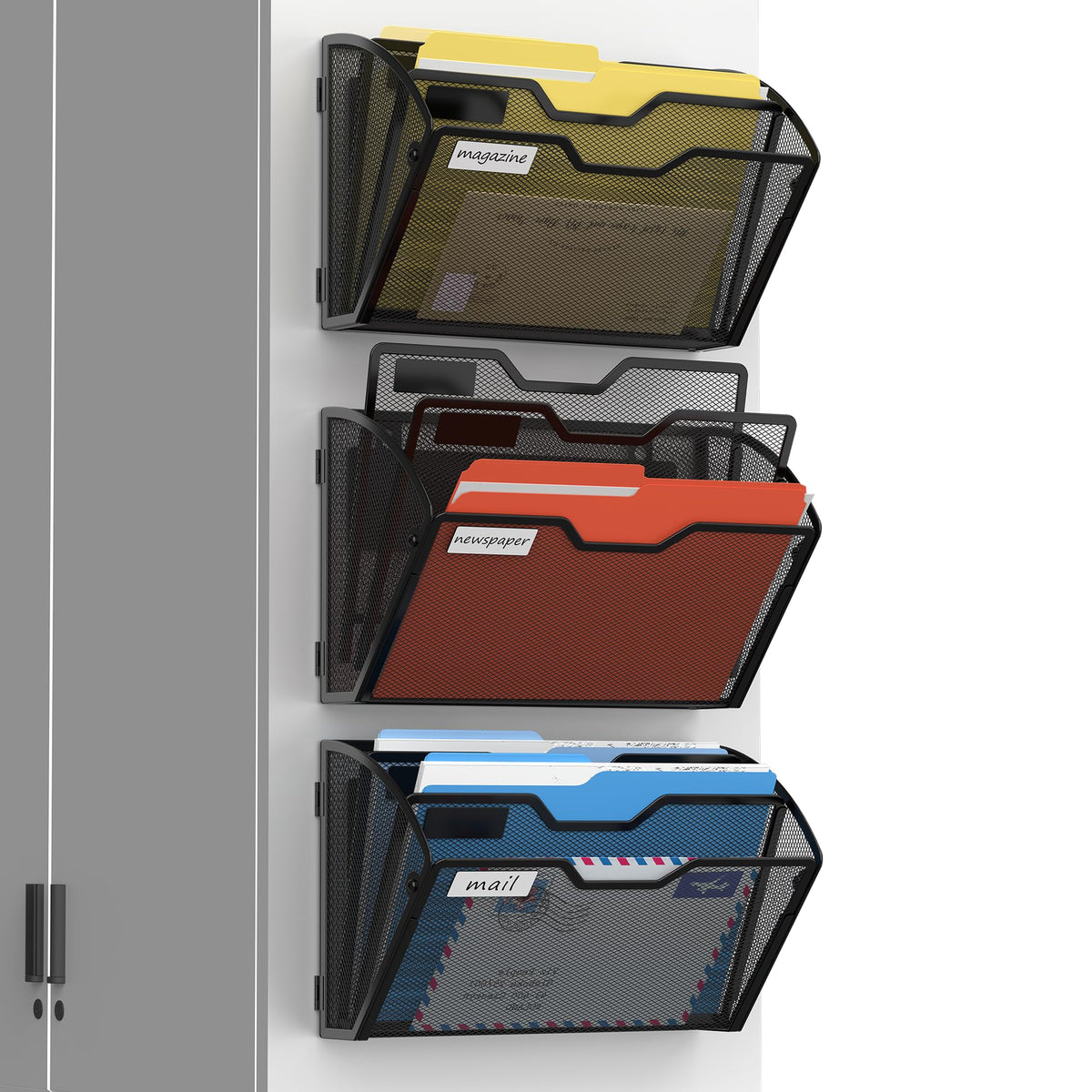 Docnest 3 Pack 3 Tier Dual-Mount Magnetic Mesh File Holders, Wall Organizer