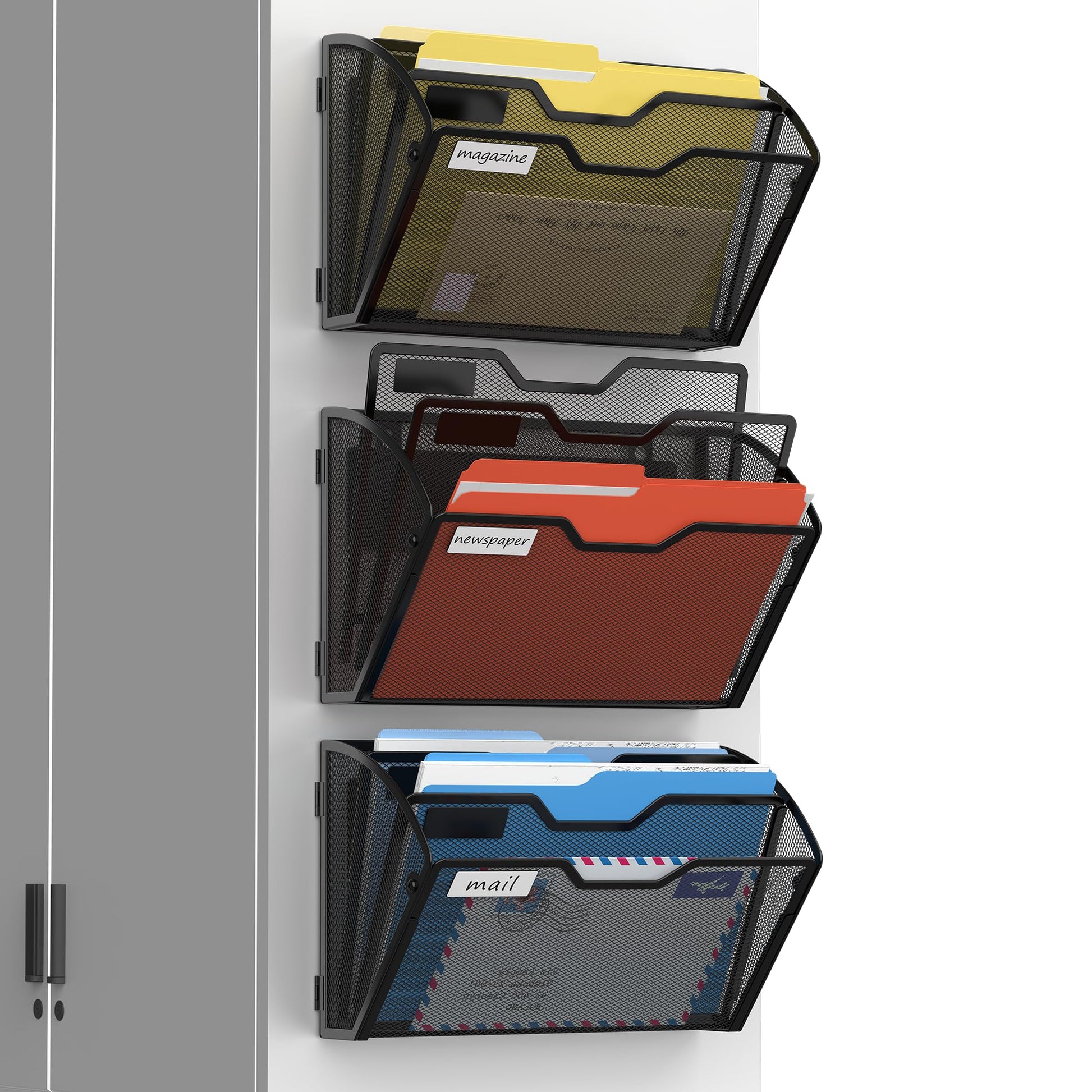 Docnest 3 Pack 3 Tier Dual-Mount Magnetic Mesh File Holders, Wall Organizer
