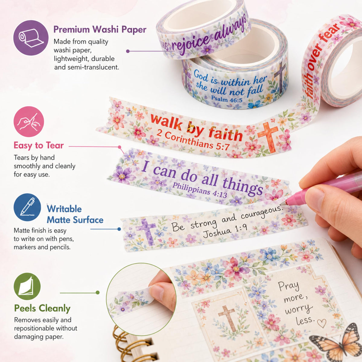 Janlaugh 24 Rolls Christian Washi Tape Gifts, Inspirational Religious