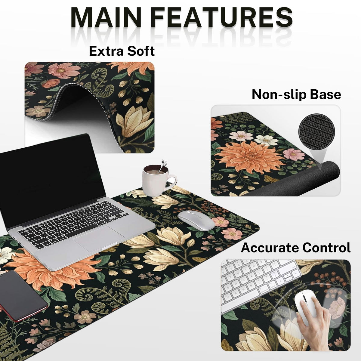 Arttown Keyboard Mouse Pad Set, 4 in 1 Desk Mat Set Floral Spring