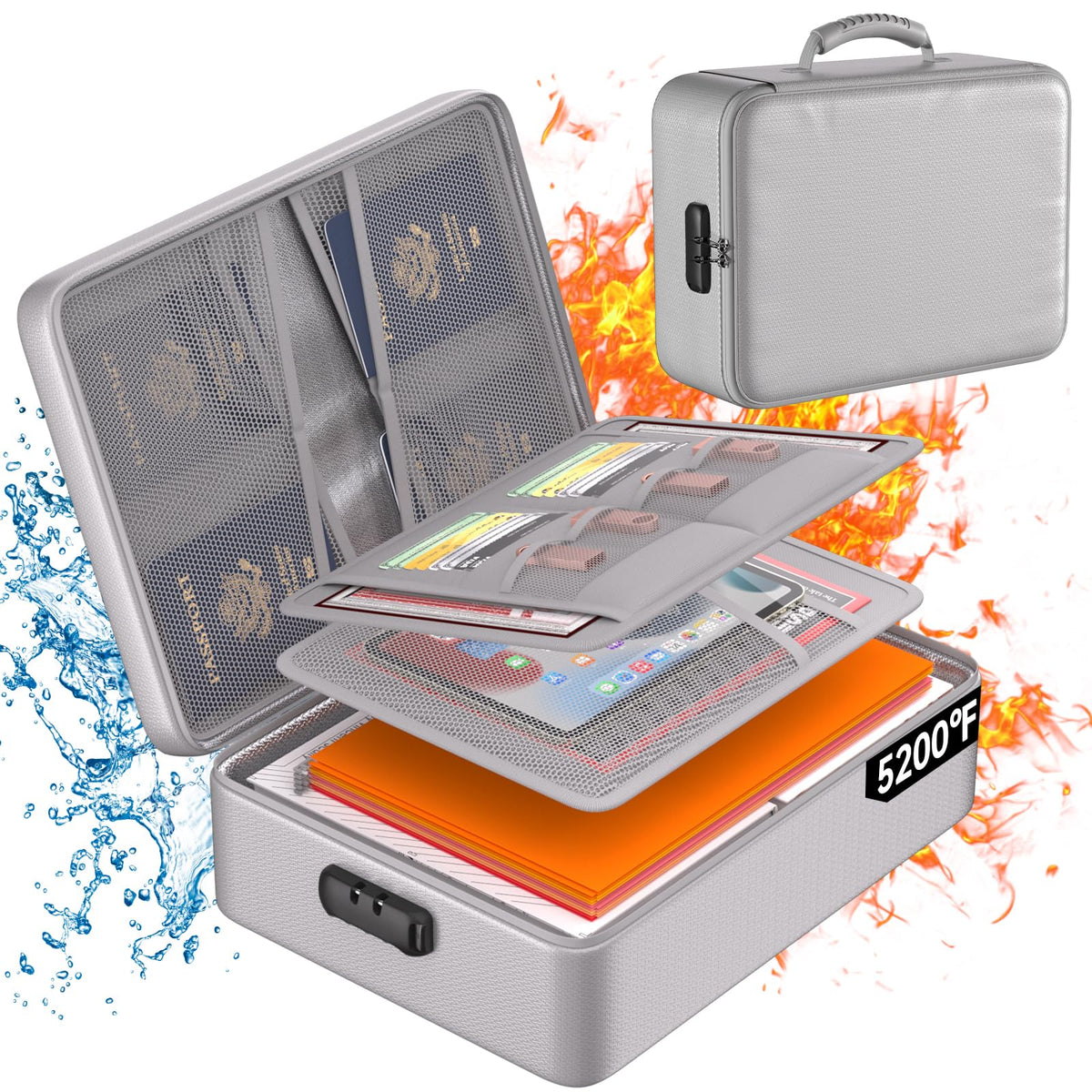 DocSafe 5200°F Fireproof Document Organizer Box with Lock, Silver (Soft)