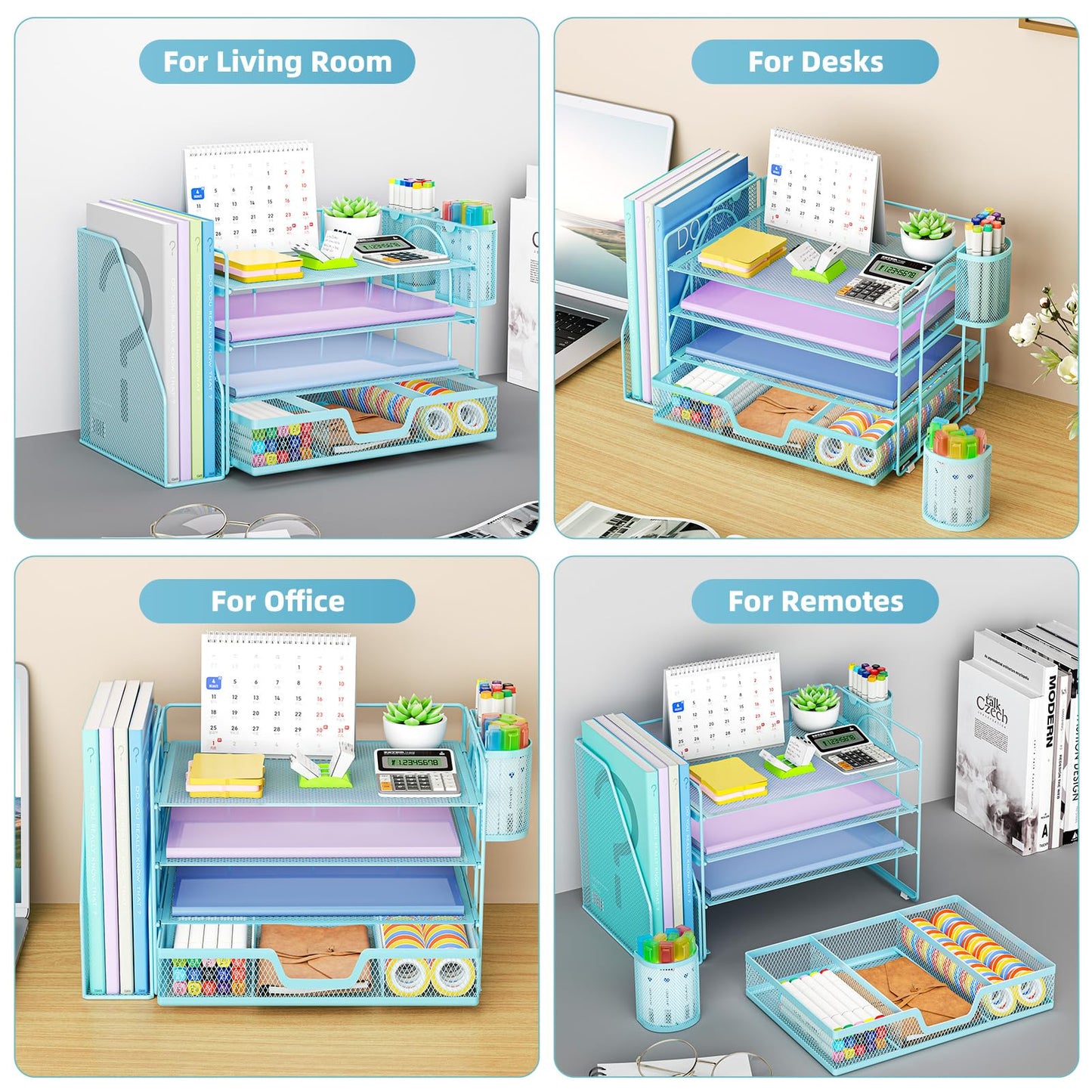 Marbrasse 4-Tier Paper Tray Organizer with Drawer and Pen Holder, Blue