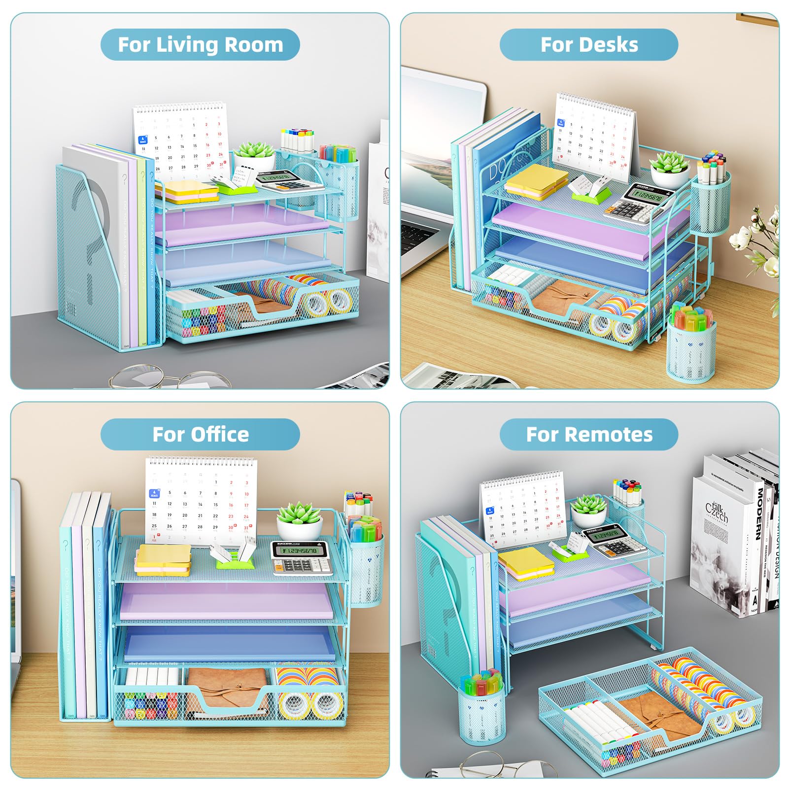 Marbrasse 4-Tier Paper Tray Organizer with Drawer and Pen Holder, Blue