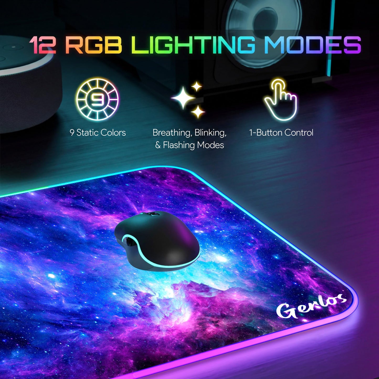Gerlos RGB Gaming Mouse Pad, Large LED Desk Mat for Gamer, 31.5" x 11.8"