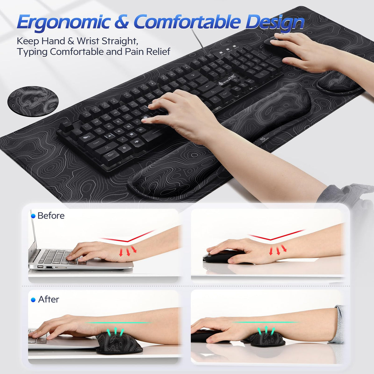 Gimars 4 in 1 Mouse Pad and Keyboard Wrist Rest Set, Large Mouse Pad with Memory Foam Wrist Support