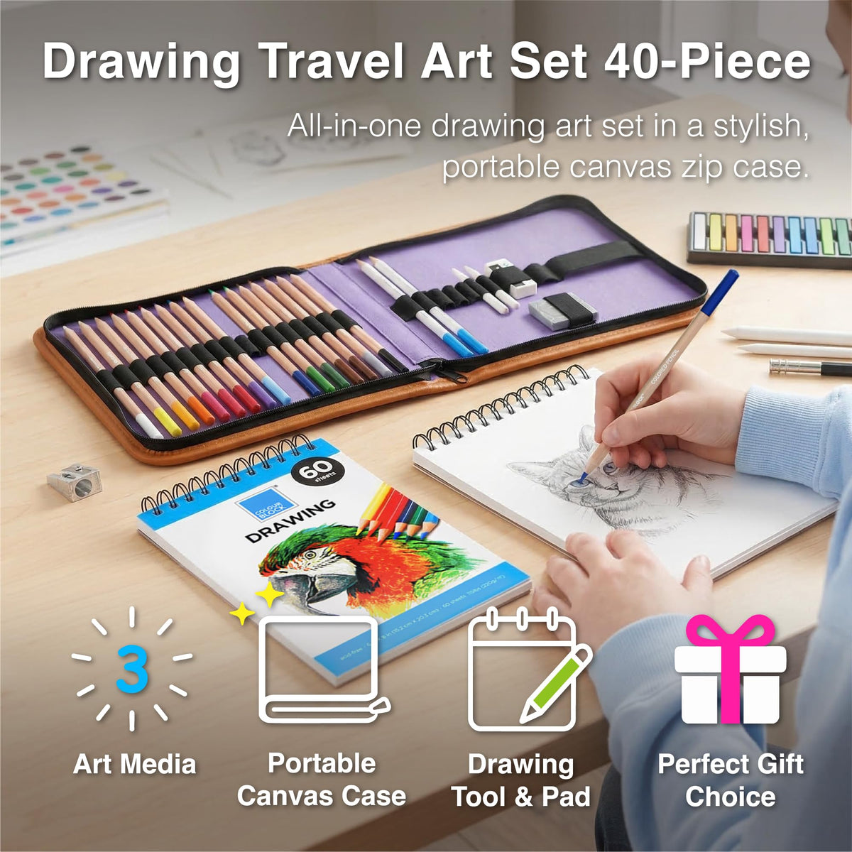 COLOUR BLOCK 40-Piece Drawing Travel Art Set – Portable Sketch and Drawing Art Kit with 16 Colored