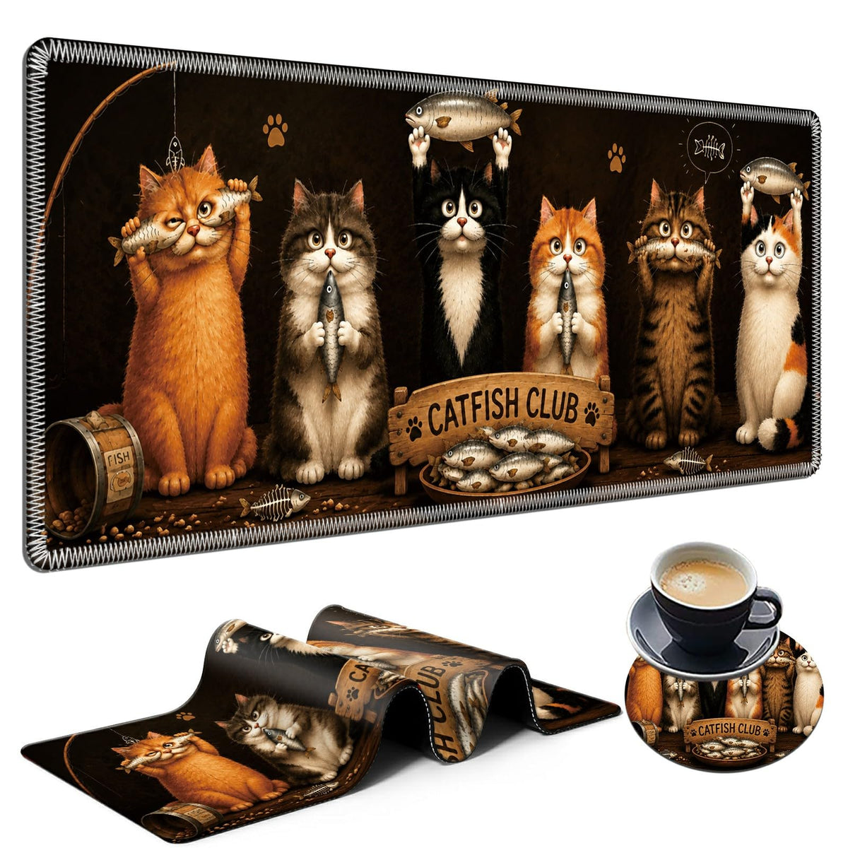 Fishing Cat Crew Large Mouse Pad, 31.5 x 11.8 in Extended Desk Mat