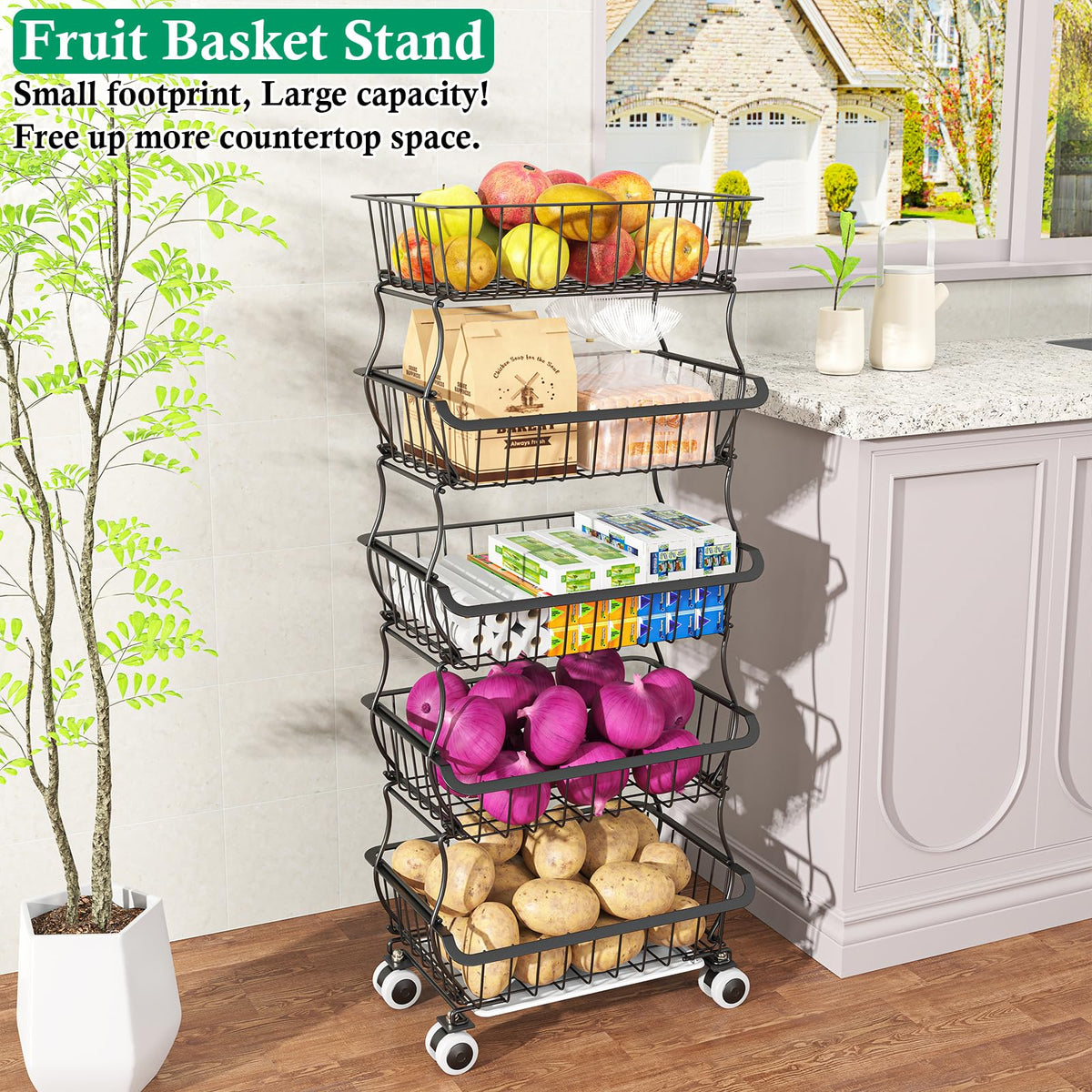 OKZEST 5 Tier Fruit Basket for Kitchen, Stackable Bins Wire Rack with Wheels, Fruit and Vegetable
