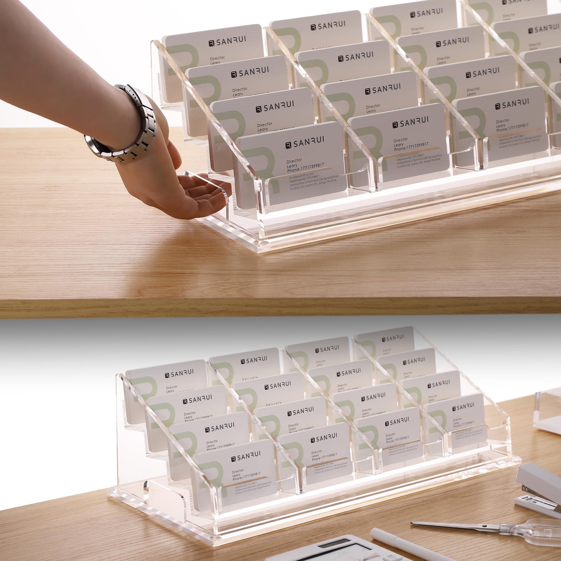YUXUN Acrylic Business Card Holder for Desk-4 Tiers 16 Slots, Business Card Holder Case, Clear