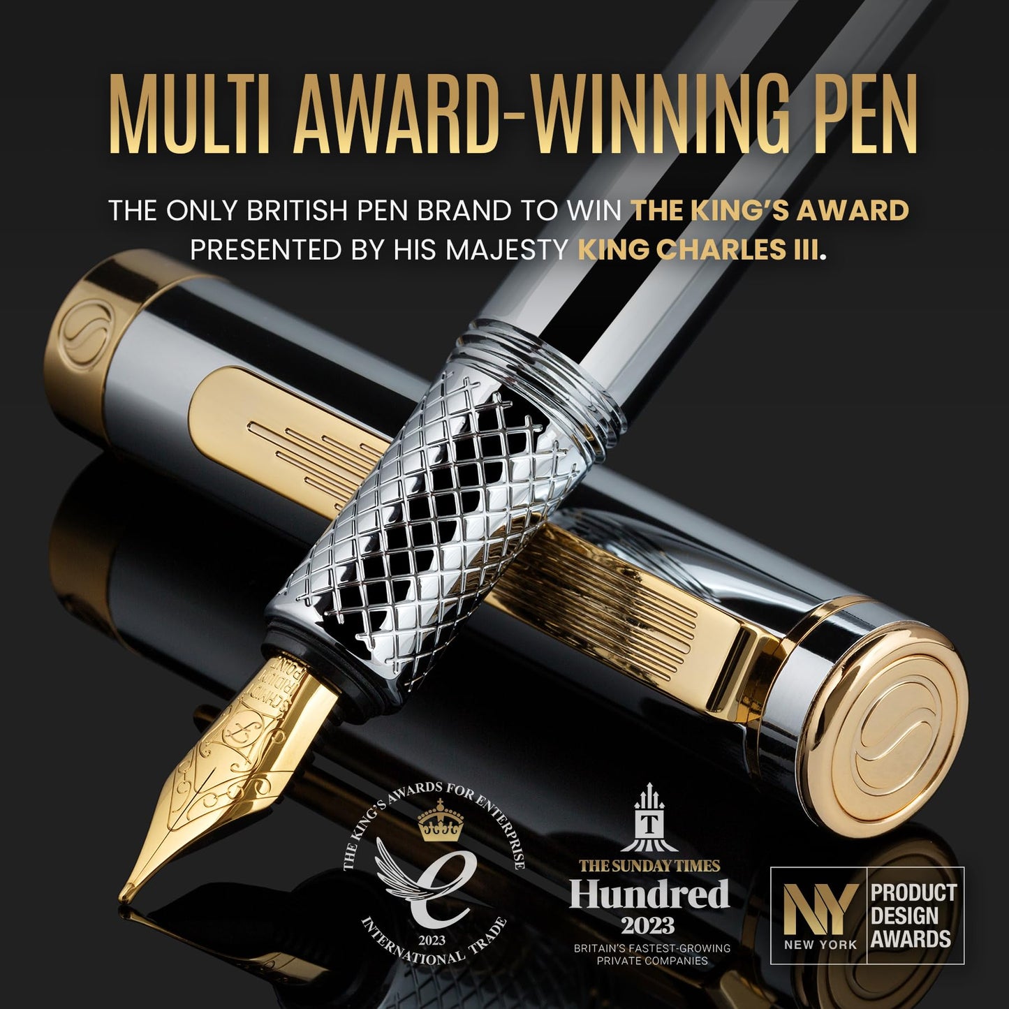 Scriveiner Silver Chrome Fountain Pen (Fine), Award Winning, Heavy Pocket Stunning Luxury Pen, Real