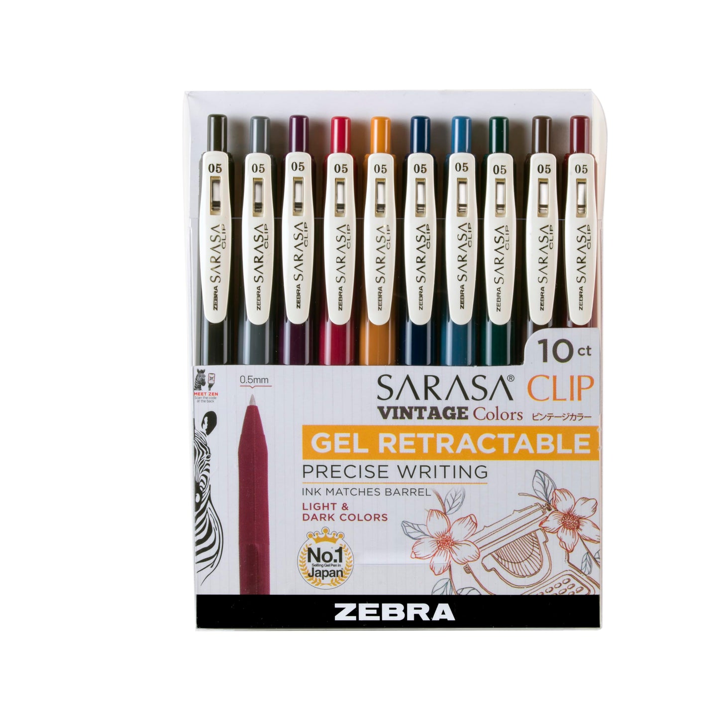 Zebra Pen SARASA Clip Retractable Gel Pen, Assorted Vintage Ink, 10-Pk
