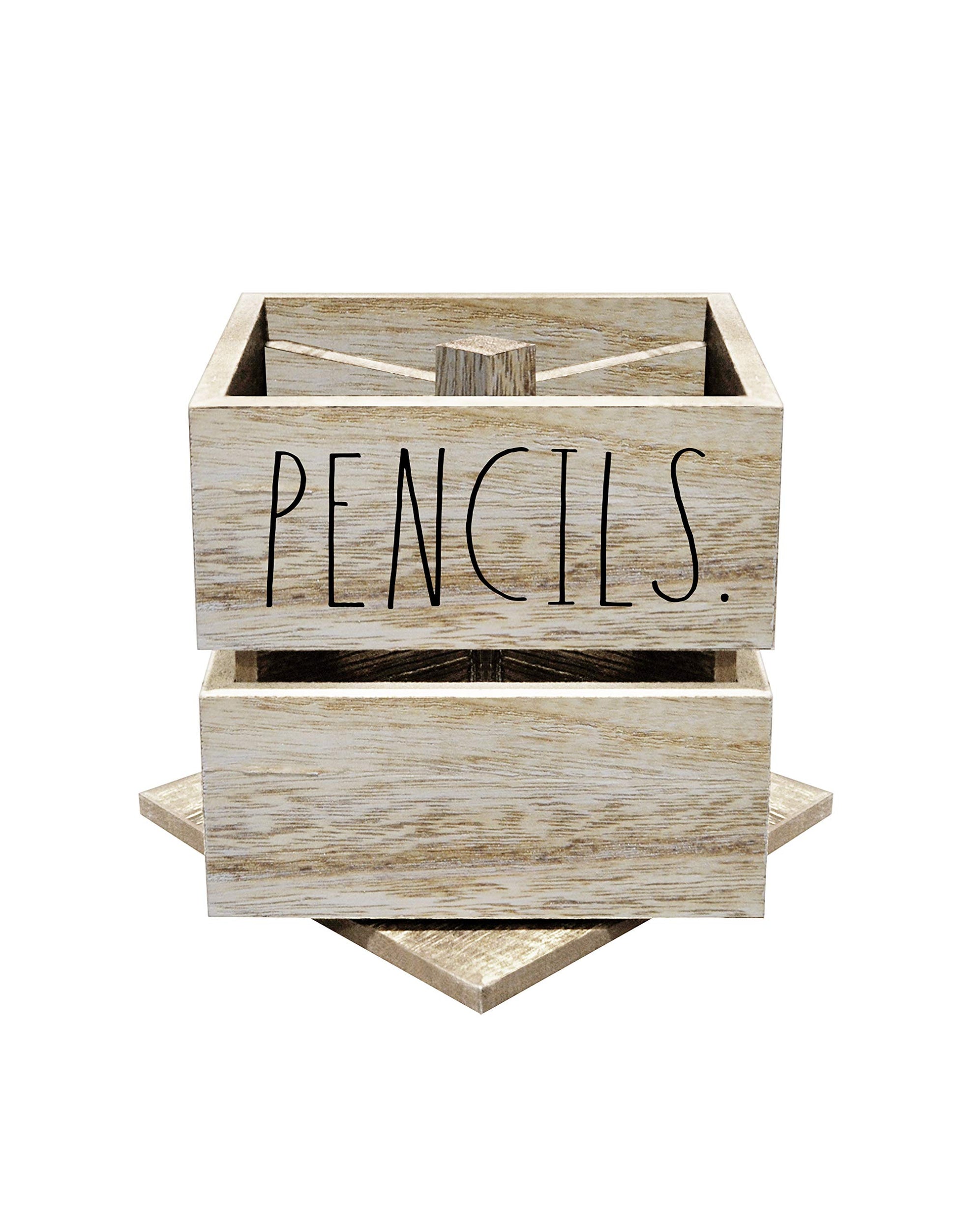 Rae Dunn Pencil Cup - Wooden Pen Holder Desktop Organizer - Small Rustic Wood Desk Top Caddy for