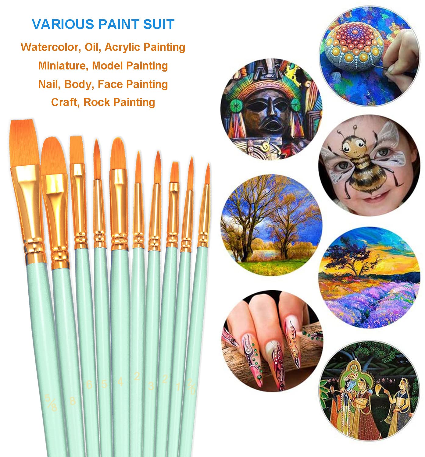BOSOBO Paint Brushes Set, 10 Pack 100 Pcs Round Pointed Tip Paintbrushes Nylon Hair Artist Acrylic