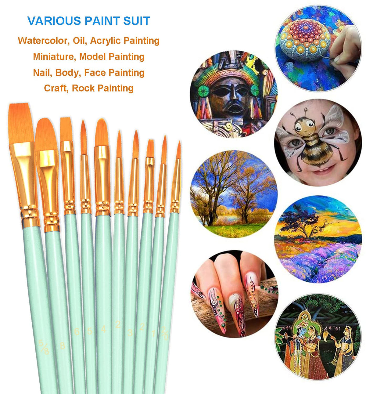 BOSOBO Paint Brushes Set, 10 Pack 100 Pcs Round Pointed Tip Paintbrushes Nylon Hair Artist Acrylic