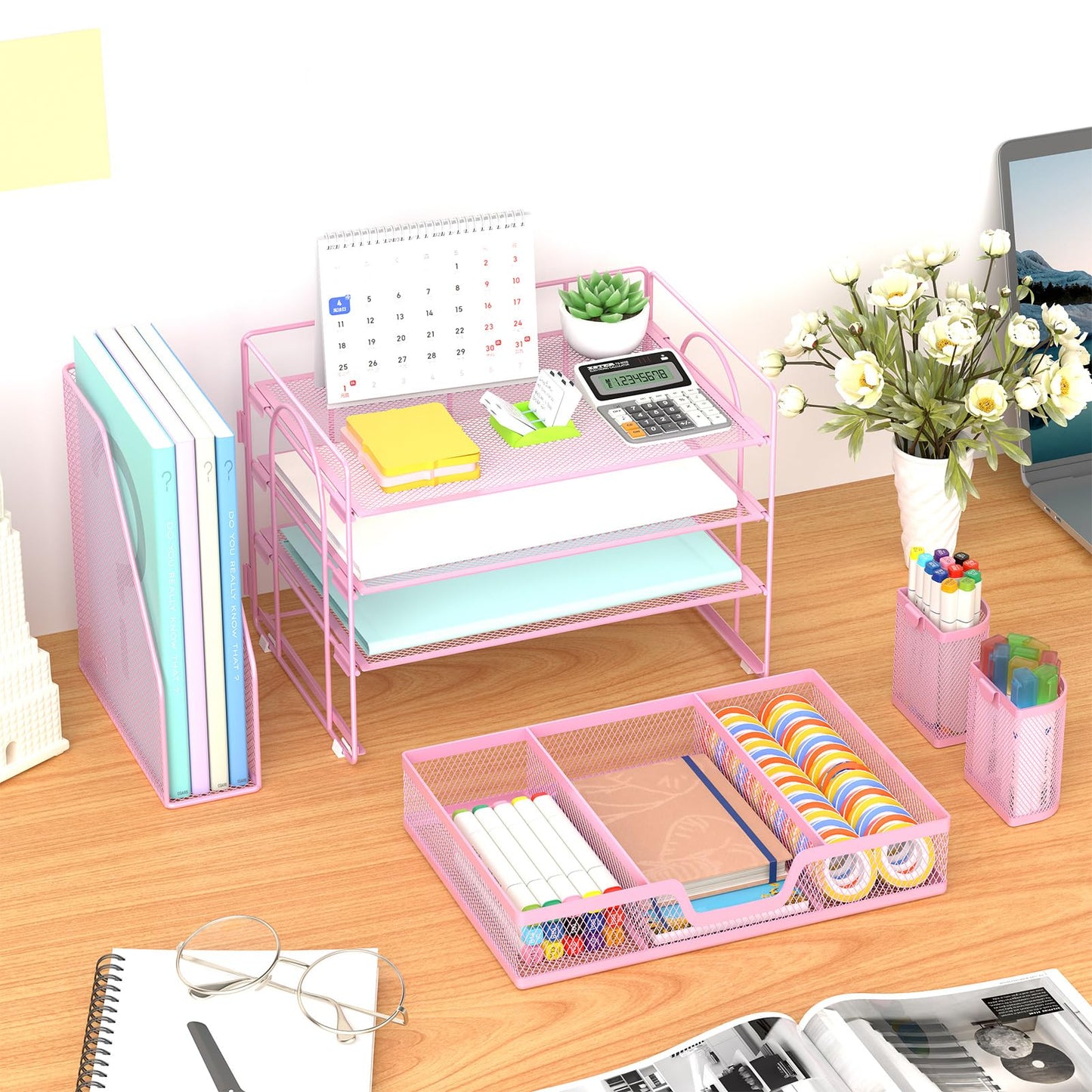 Marbrasse 4-Tier Paper Tray Organizer with Drawer and Pen Holder, Pink