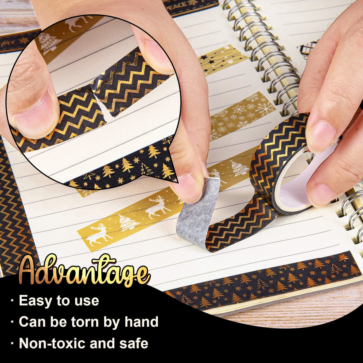 Whaline 12 Rolls Christmas Washi Tape Black Gold Xmas Washi Masking Tape Foil Gold Snowflake Xmas