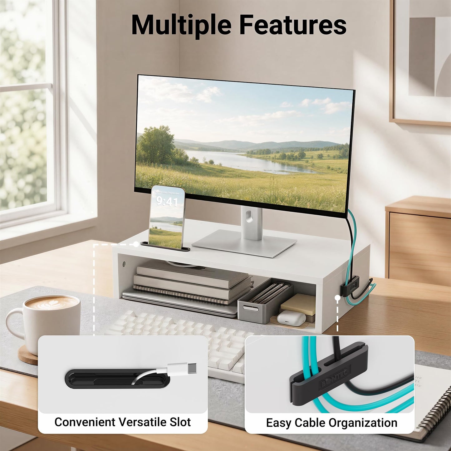 BONTEC Monitor Stand Riser with Cellphone Holder & Cable Management