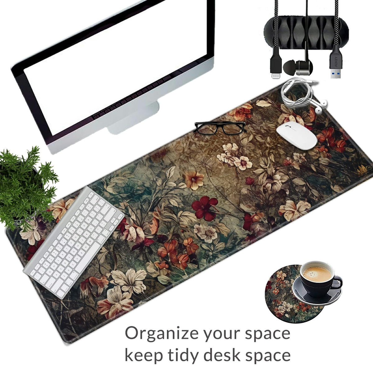 Large Gaming Mouse Pad Plus a Coasters + Cable Clips, Dark Art Flowers Extended Mousepad (31.5 x