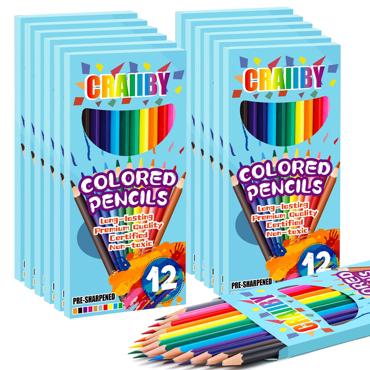 Craiiby Colored Pencils Bulk 144 Count, 12 Packs of 12 Colors Pre-Sharpened, Classroom Supplies for
