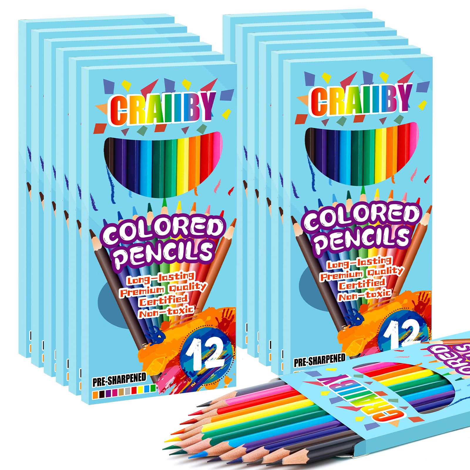 Craiiby Colored Pencils Bulk 144 Count, 12 Packs of 12 Colors Pre-Sharpened, Classroom Supplies for