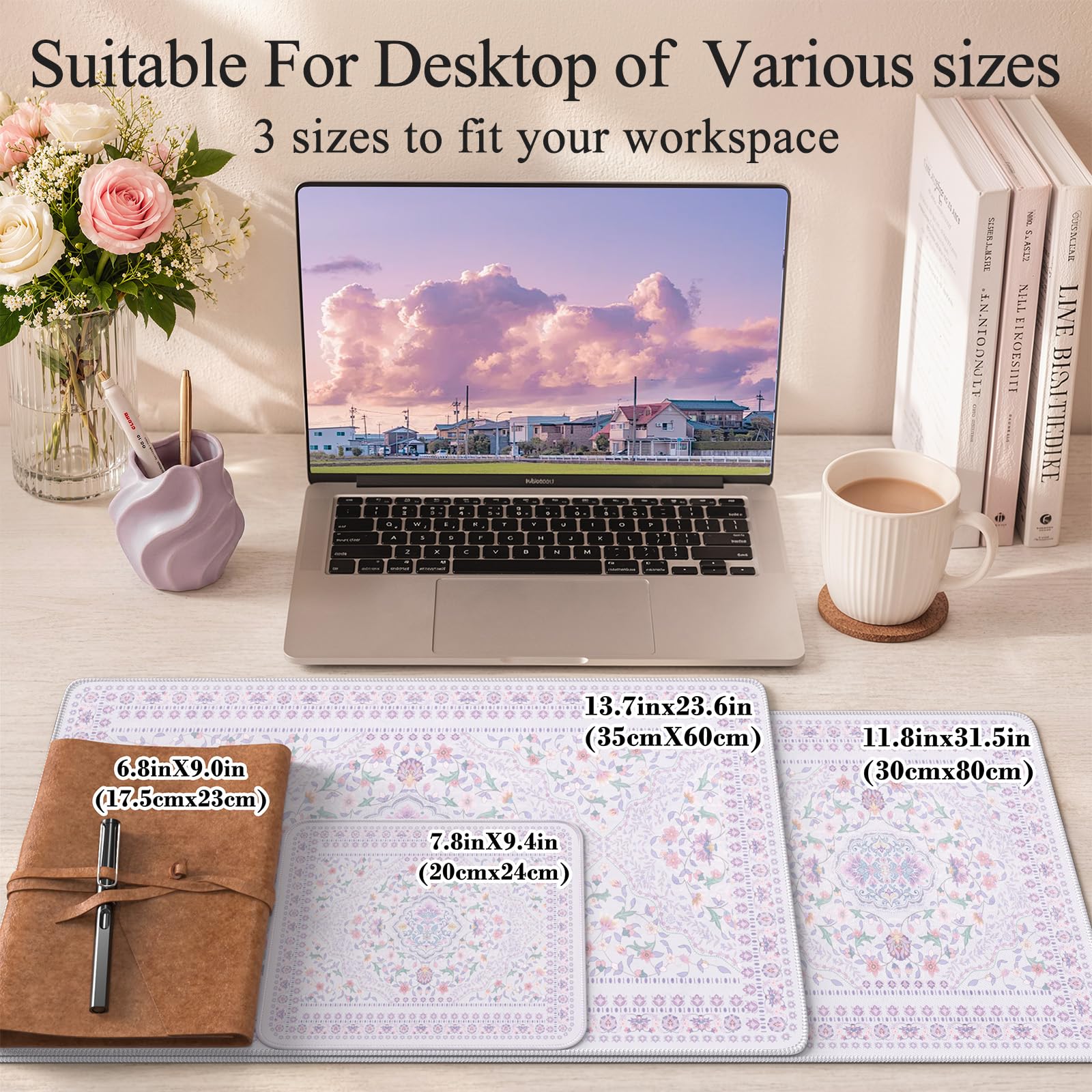 HAOCOO Purple Floral Keyboard Pad, 31.5" x 11.8" Desk Mat for Home Study