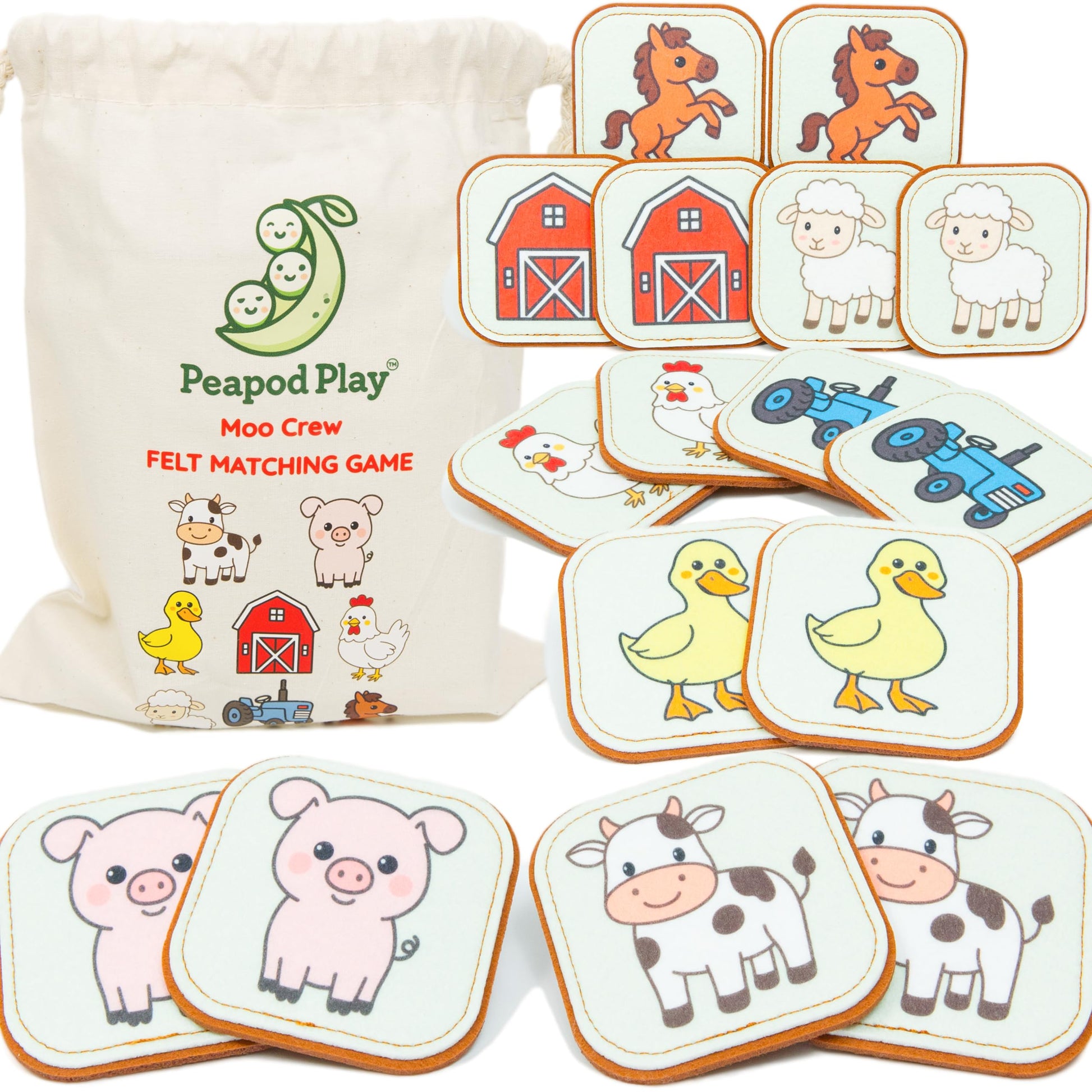 Peapod Play Felt Farm Matching Game for Toddlers – Farm Animal Memory Game & Flash Cards – Soft and