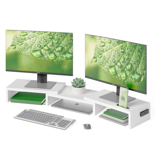 BONTEC Dual Monitor Stand Riser, Adjustable Length & Swivel Angle, White