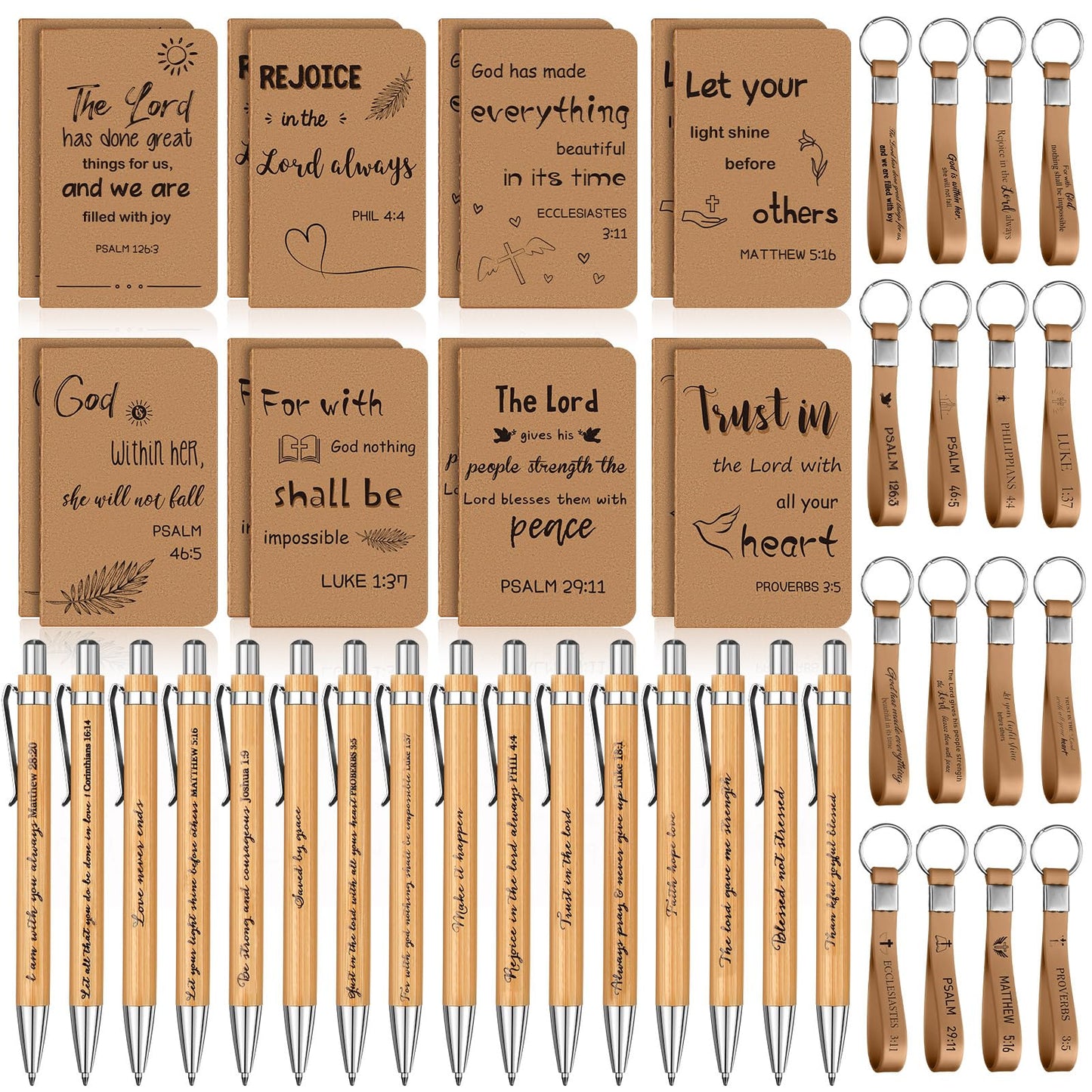 PerKoop 48 Pcs Christian Party Favors 3 x 5 Inch Religious Notepads Pens Bible Verse Keychains Bulk