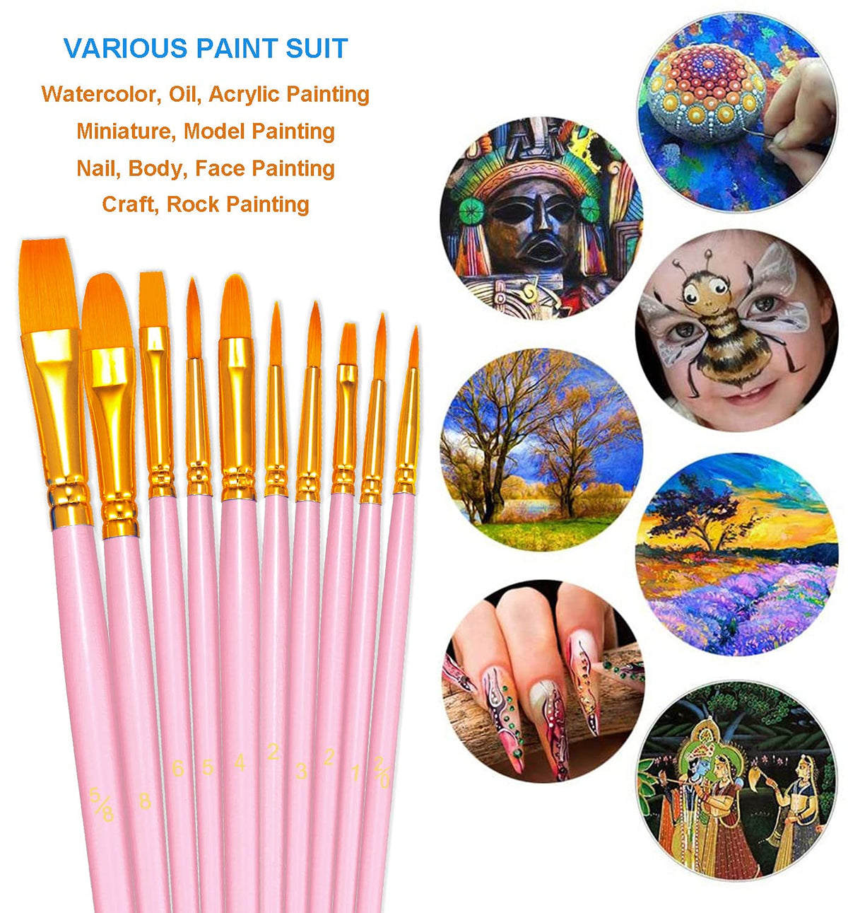 BOSOBO Paint Brushes Set, 6 Pack 60 Pcs Round Pointed Tip Paintbrushes Nylon Hair Artist Acrylic