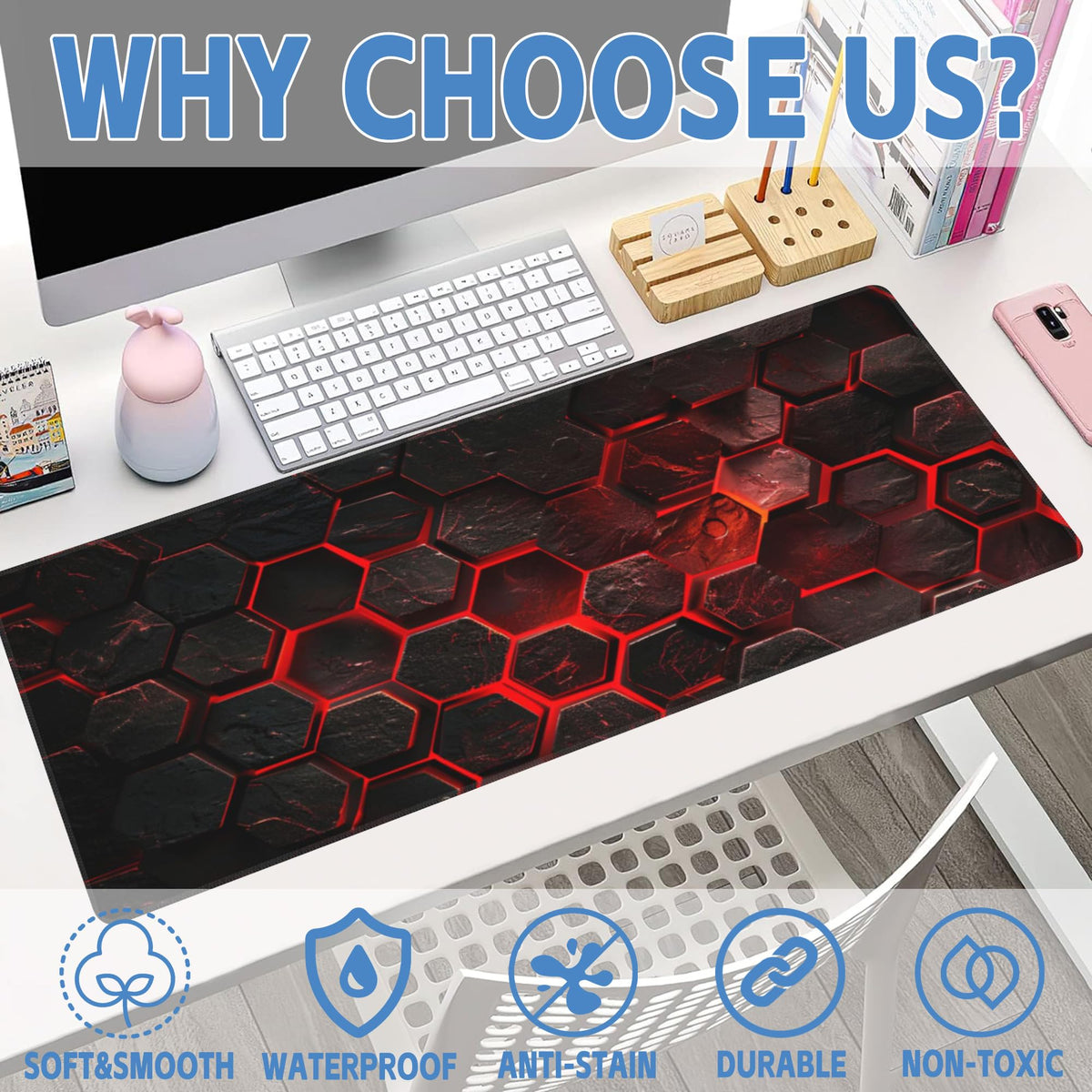 Large Gaming Mouse Pad for Desk,Red Honeycomb Science Technology Desk Mat,Honeycomb Hexagon Desk