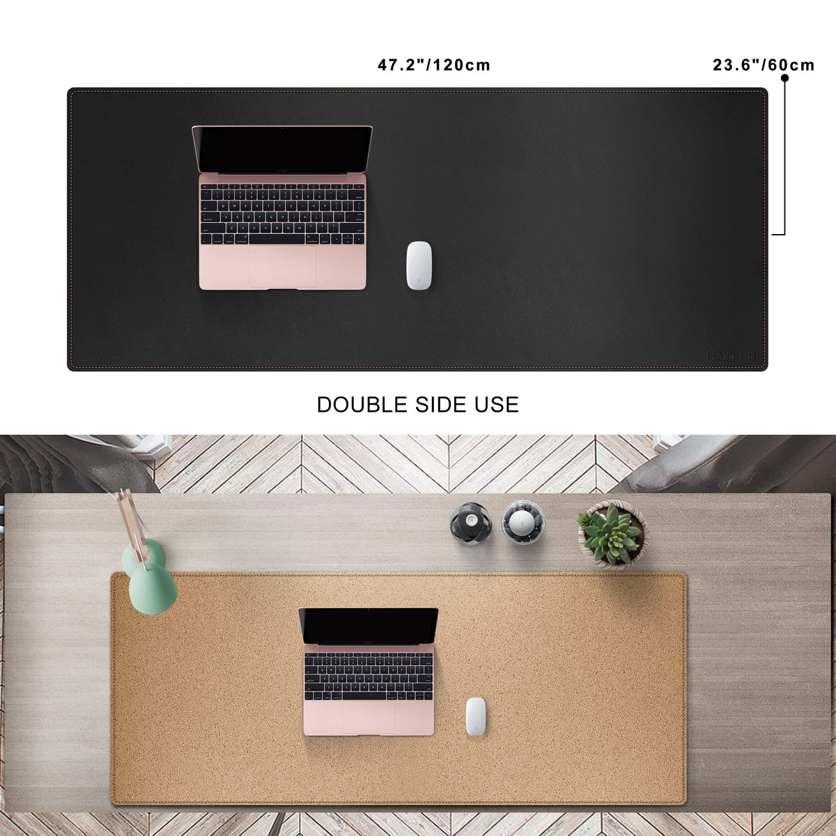 MAIDERN 47.2" x 23.6" XXL Cork & Leather Desk Mat, Reversible Full Desk Mouse Pad Protector (Black)