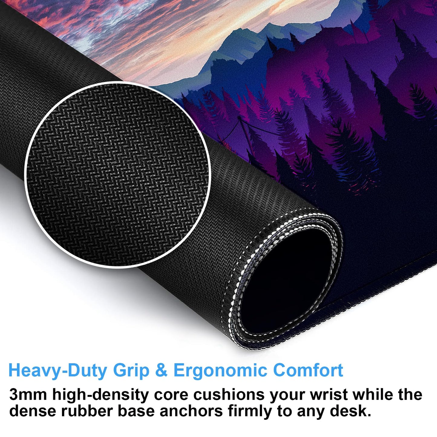 Purple and Black Desk Mat, Mountain Forest Large Gaming Mouse Pad