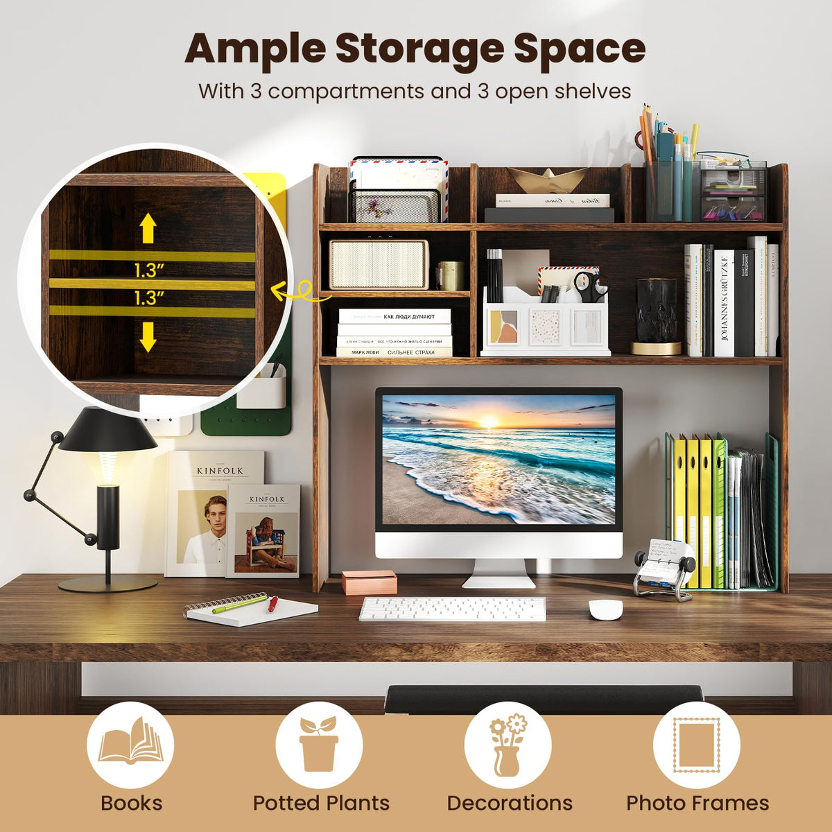 GIANTEX Desktop Bookshelf, 37" Desk Hutch Dorm for Computer Up to 32 Inch, Countertop Hutch w/6