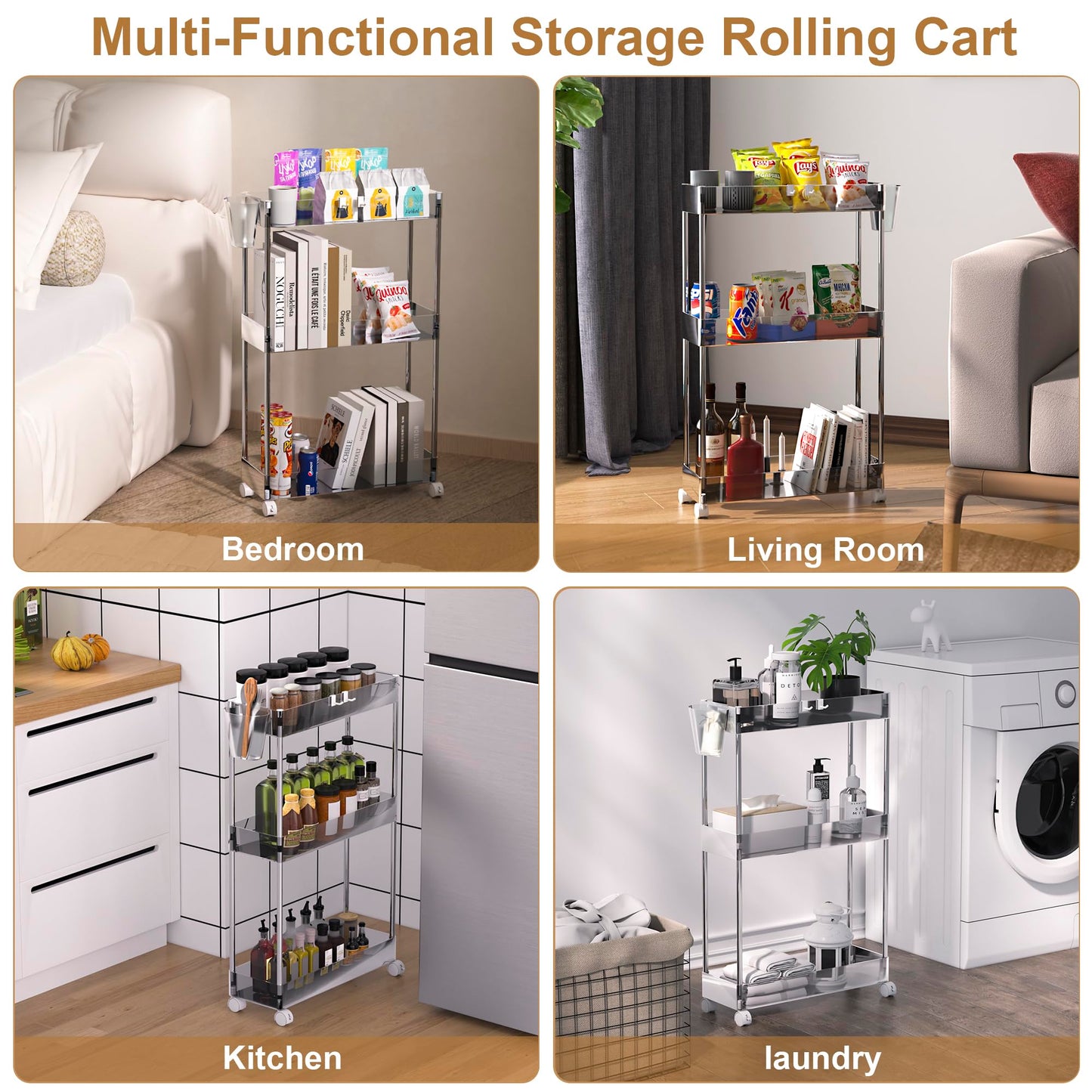 VECELO 3-Tier Acrylic Rolling Cart, Utility Cart for Kitchen Storage, Mobile Shelves Slide-Out