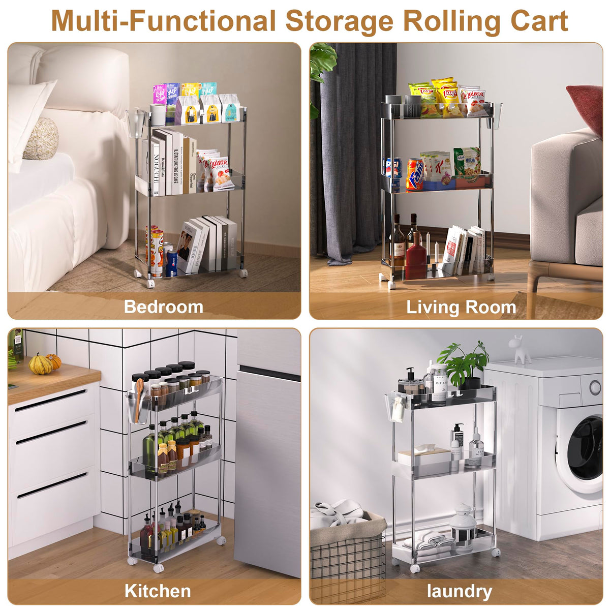 VECELO 3-Tier Acrylic Rolling Cart, Utility Cart for Kitchen Storage, Mobile Shelves Slide-Out