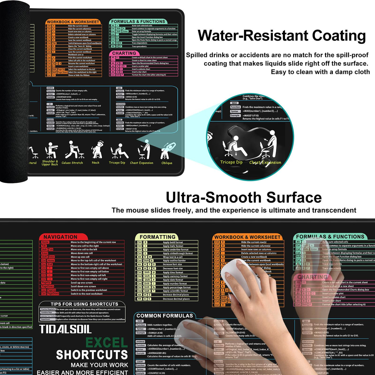 TIDALSOIL XXL Excel Shortcut Mouse Pad, Oversize Mat with Stretch Guide