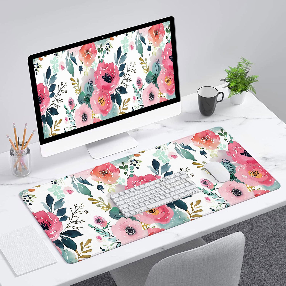 Pink Floral Gaming Mouse Pad Watercolor Flower Plant Large Gaming Mouse Mat with Stitched