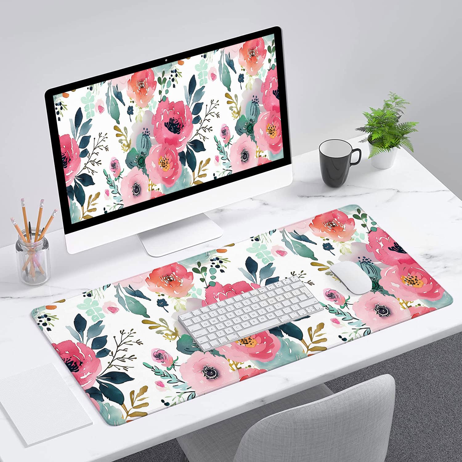 Pink Floral Gaming Mouse Pad Watercolor Flower Plant Large Gaming Mouse Mat with Stitched