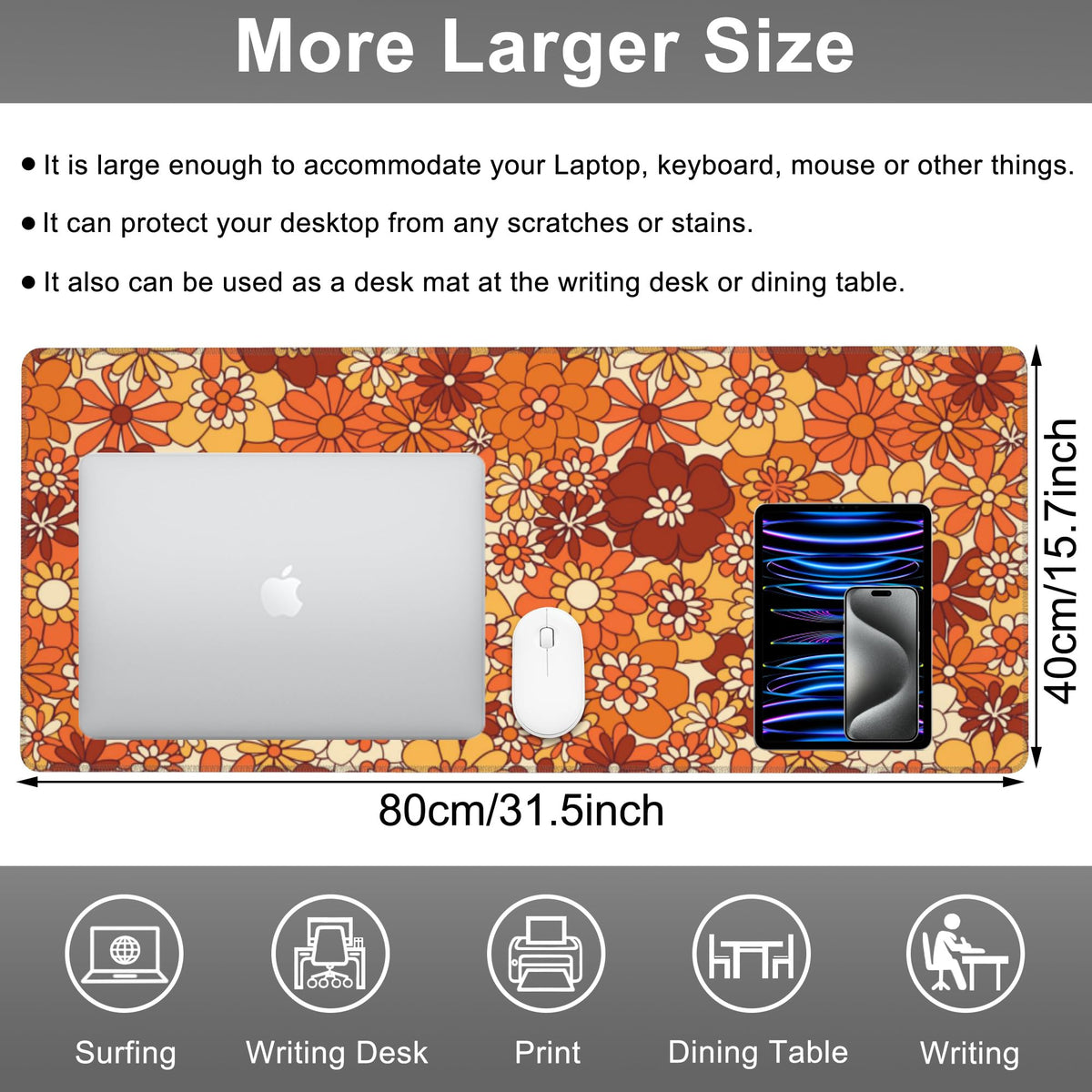 Mouse Pad, Large Retro Boho Hippie Flower Desk Mat, Extended Non-Slip Gaming Keyboard Mousepad Desk