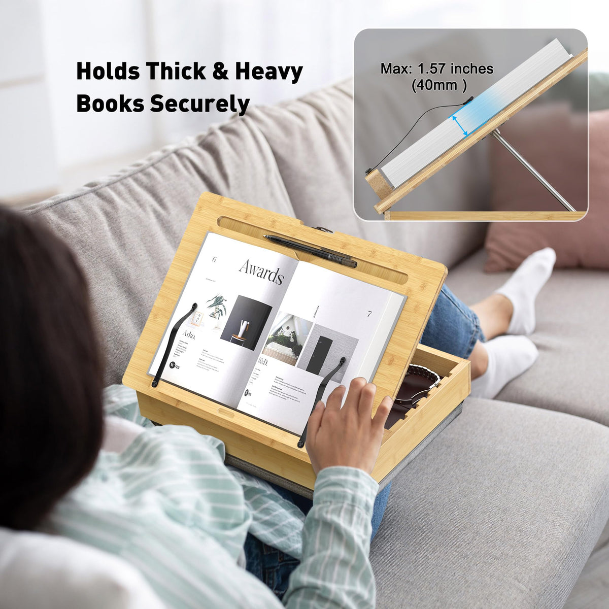 AboveTEK Book Stand for Reading with Storage, Adjustable Bamboo Book Holder with Soft Lap Cushion