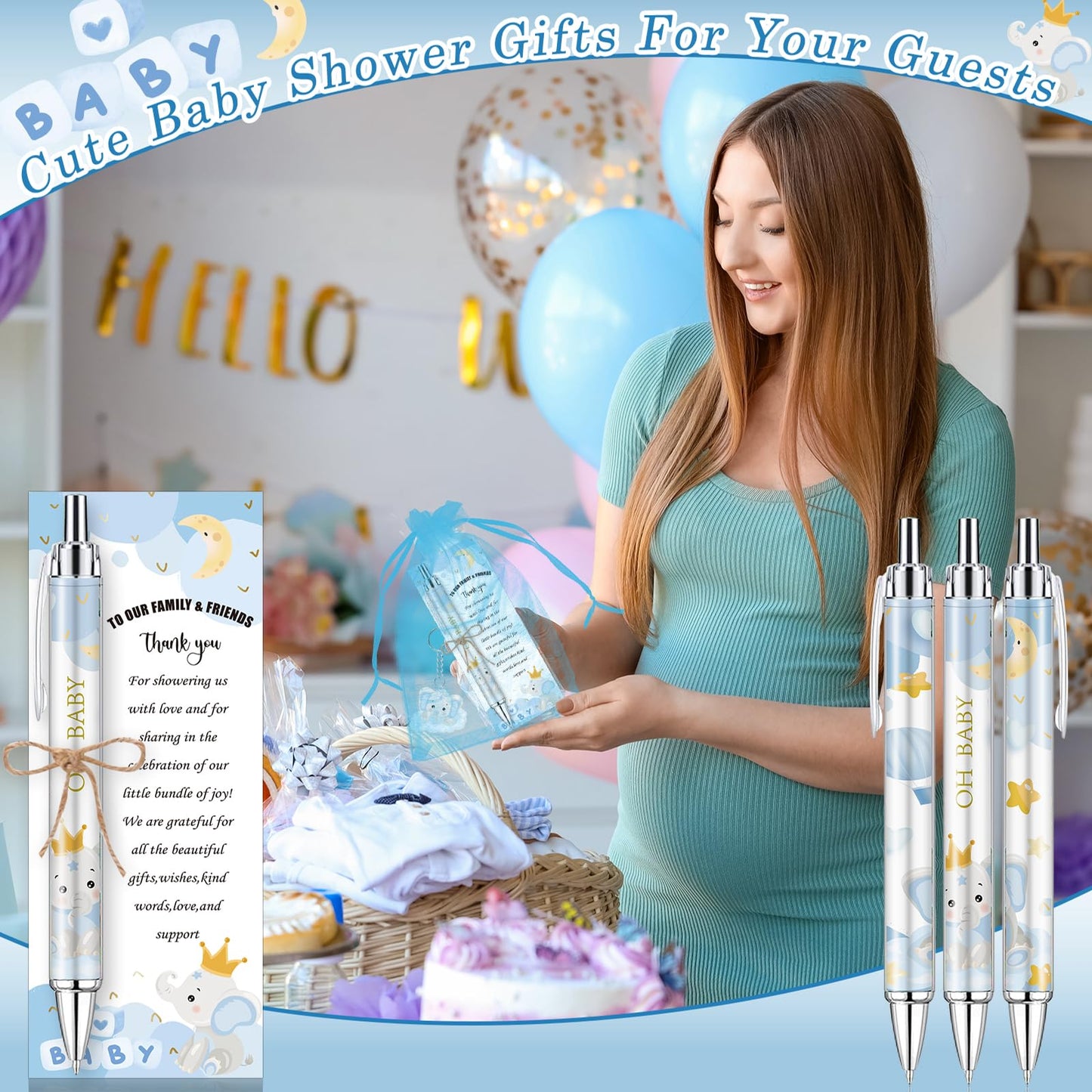 EYNDYN 145 Pieces Baby Shower Favors for Guest Blue Elephant Ballpoint Pens and Keychains Gifts for