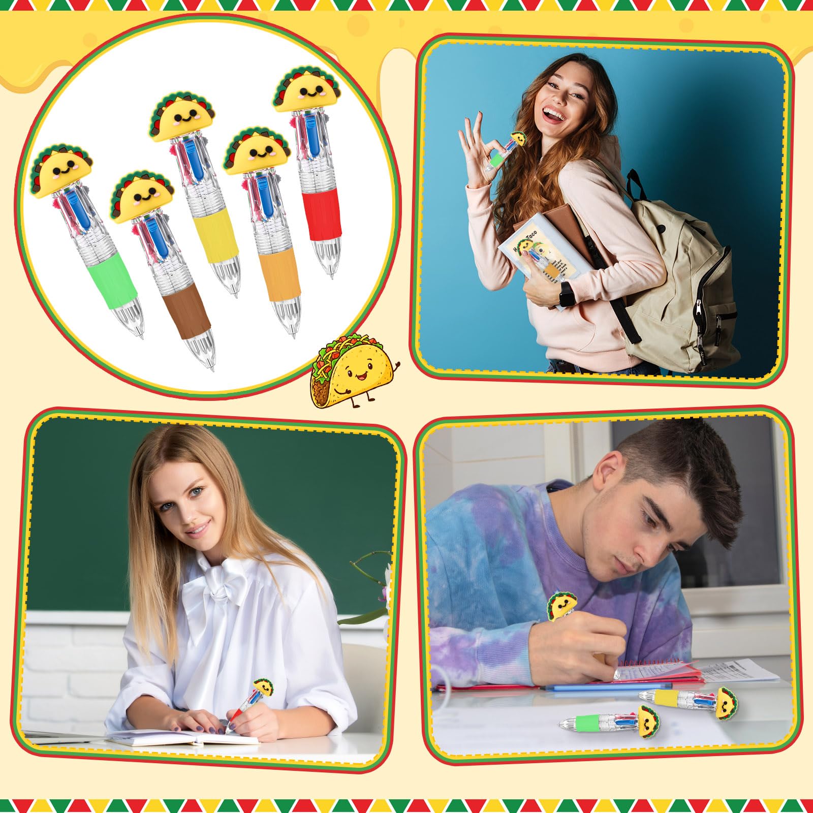 Sayglossy 36 Sets Taco Pens Bulk, 4-in-1 Taco Party Favor Pens with Cards