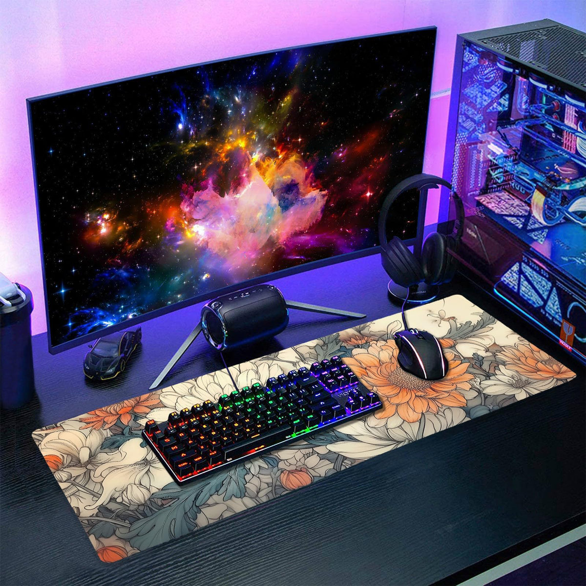 Minimalist Floral Gaming Mouse Pad XL White Orange Aesthetic Flowers Japanese Extended Large Mat