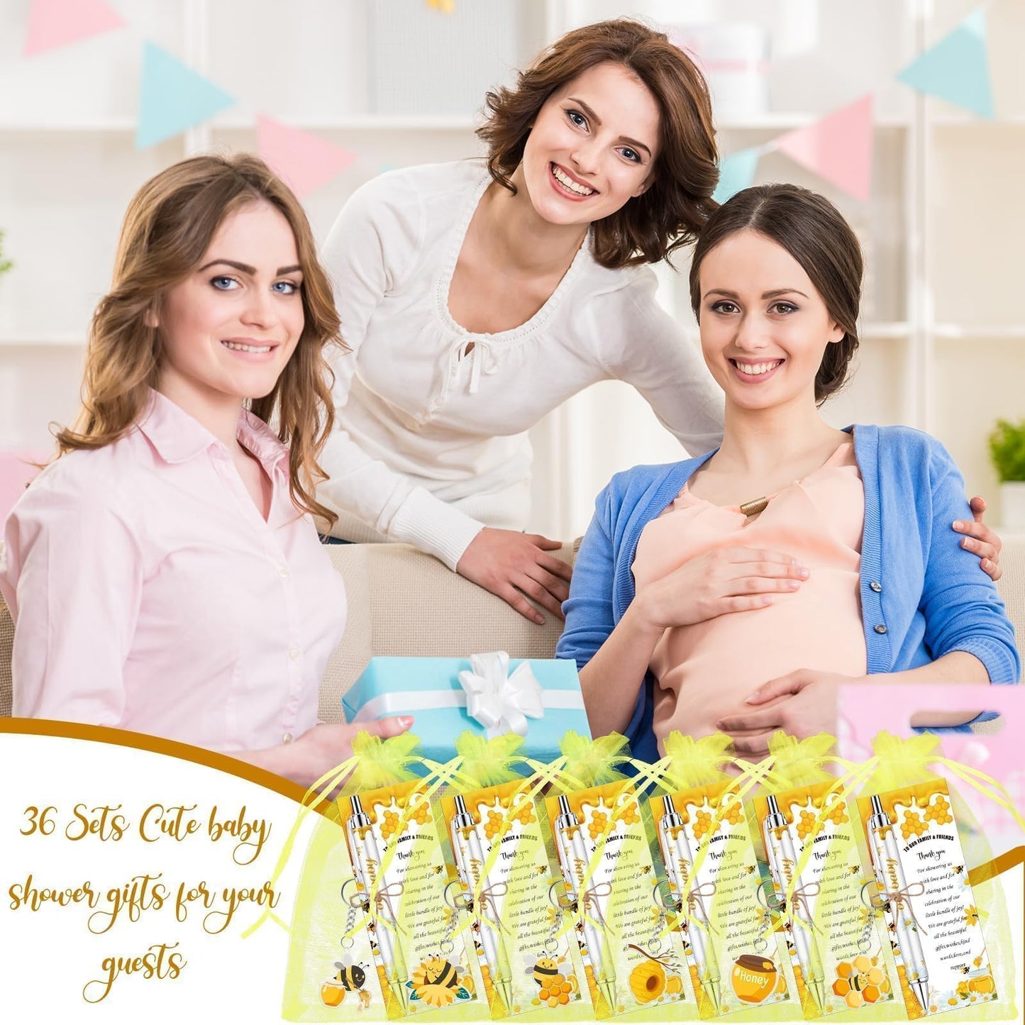 EYNDYN 145 Pieces Bee Baby Shower Favors for Guest Honeycomb Ballpoint Pens and Keychains Gifts